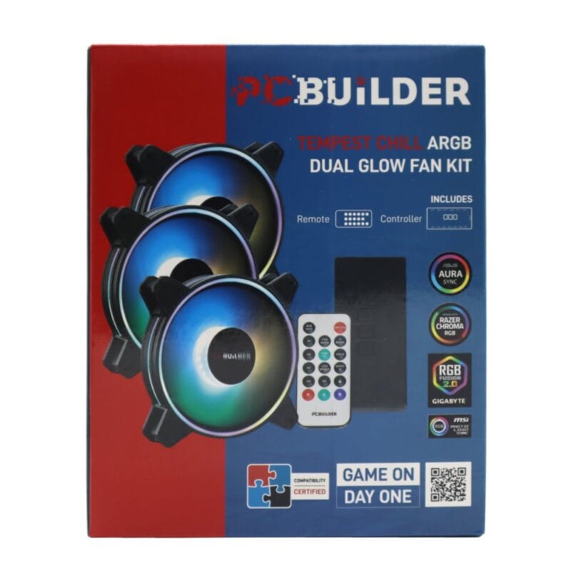 PCBuilder Tempest Chill Fan Kit 3x120MM Dual Glow ARGB Fan + Controller + RF Remote - Image 2