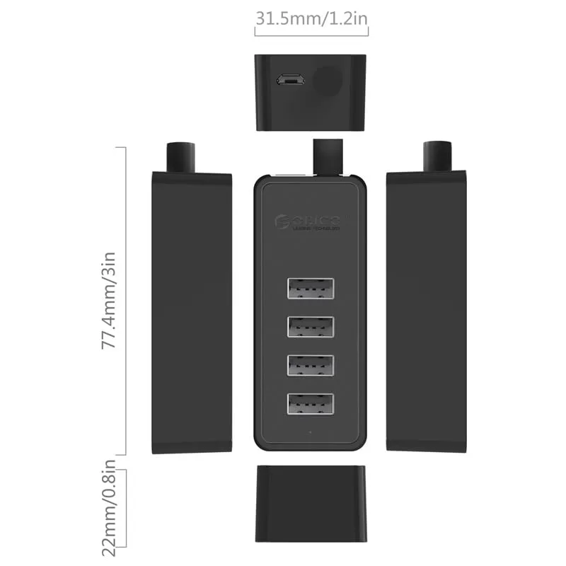 ORICO 4 Port USB2.0 Hub Black|Micro USB Power Adapter Not Included - Black - Image 3